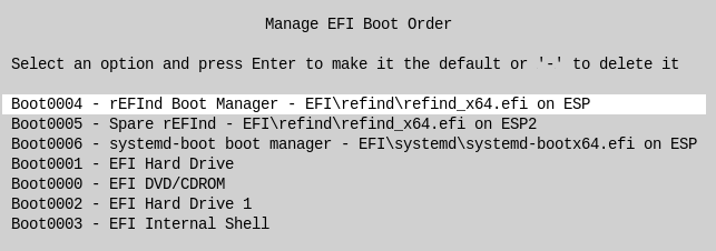 rEFInd's EFI boot order maintenance tool enables you to set a default boot option or delete unwanted options.